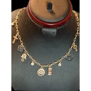Aldo Gold Charm Necklace Mix Of Spiritual and Symbolic Charms Paperclip Chain